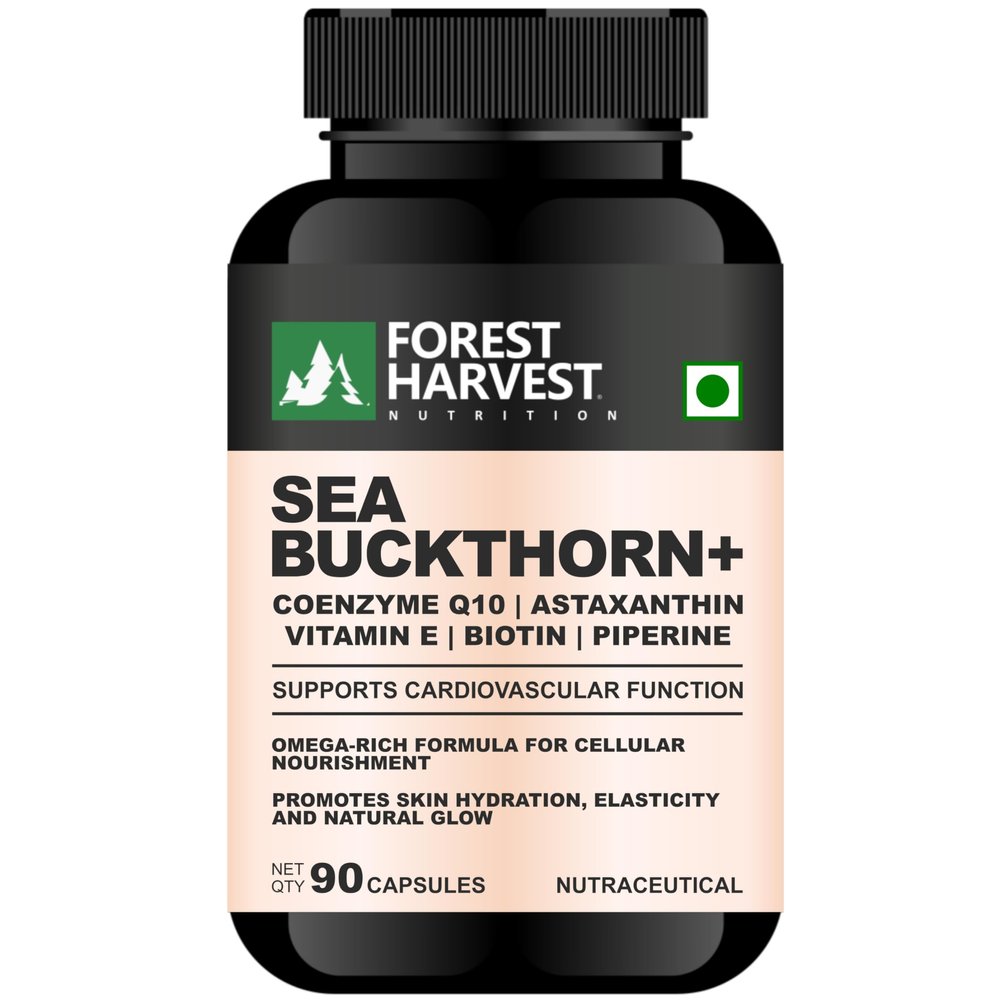 Forest Harvest Sea Buckthorn 10X Extract with CoQ10, Astaxanthin, Grape Seed, Vitamin E, C, Biotin & Piperine | 90 Capsules | WHO-GMP, ISO, HACCP Certified