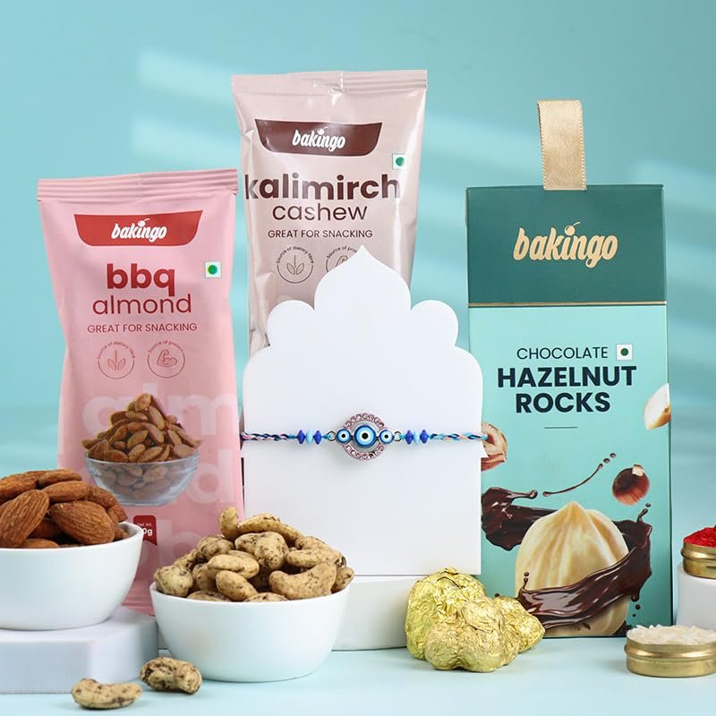 FlowerAura Premium Rakhi For Brother Combo Include Evil Eye Rakhi With BBQ Almonds, Trial Mix, Hazelnut Rocks & Roli Chawal Set - Rakhi Gift For Brother, Bhai, Cousins, Kids (Same Day Delivery)