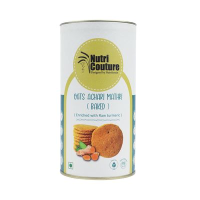 Nutri Couture Oats Achari Mathri | Baked Healthy Snack | Infused with Raw Turmeric Benefits | Crunchy & Spicy Achari Flavor | No Preservatives | No Palm Oil | High Fiber Oats Snack