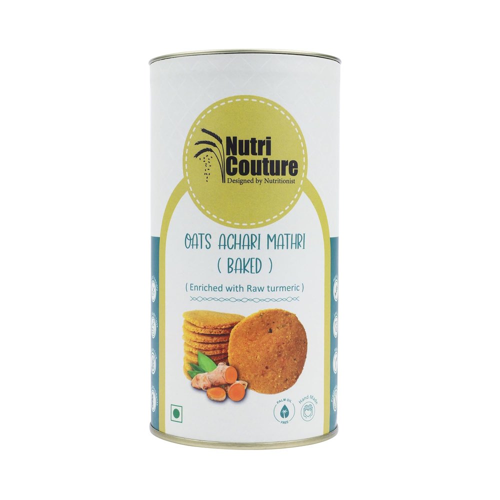 Nutri Couture Oats Achari Mathri | Baked Healthy Snack | Infused with Raw Turmeric Benefits | Crunchy & Spicy Achari Flavor | No Preservatives | No Palm Oil | High Fiber Oats Snack