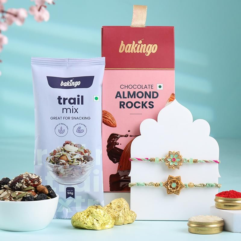 FlowerAura Premium Rakhi For Brother Combo Include Set of 2 Mauli Rakhi With Trial Mix, Almonds Rock & Roli Chawal Set - Rakhi Gift For Brother, Bhai, Cousins, Kids (Same Day Delivery)
