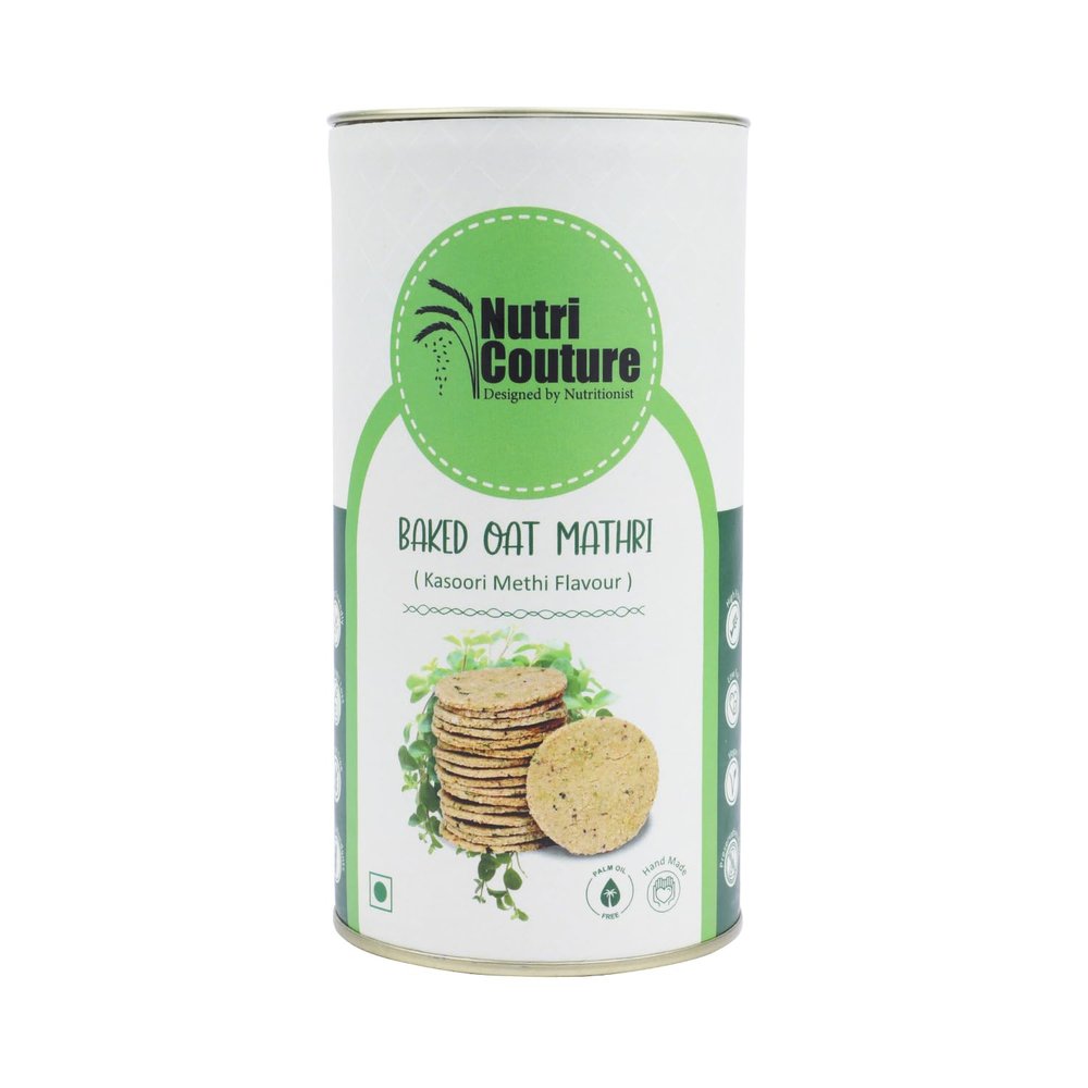 Nutri Couture Baked Oats Mathri | Kasoori Methi Flavour | Crispy Healthy Snack | 100% Baked | Maida, Wheat, Preservative Free | Flavored with Ajwain and Olive Oil