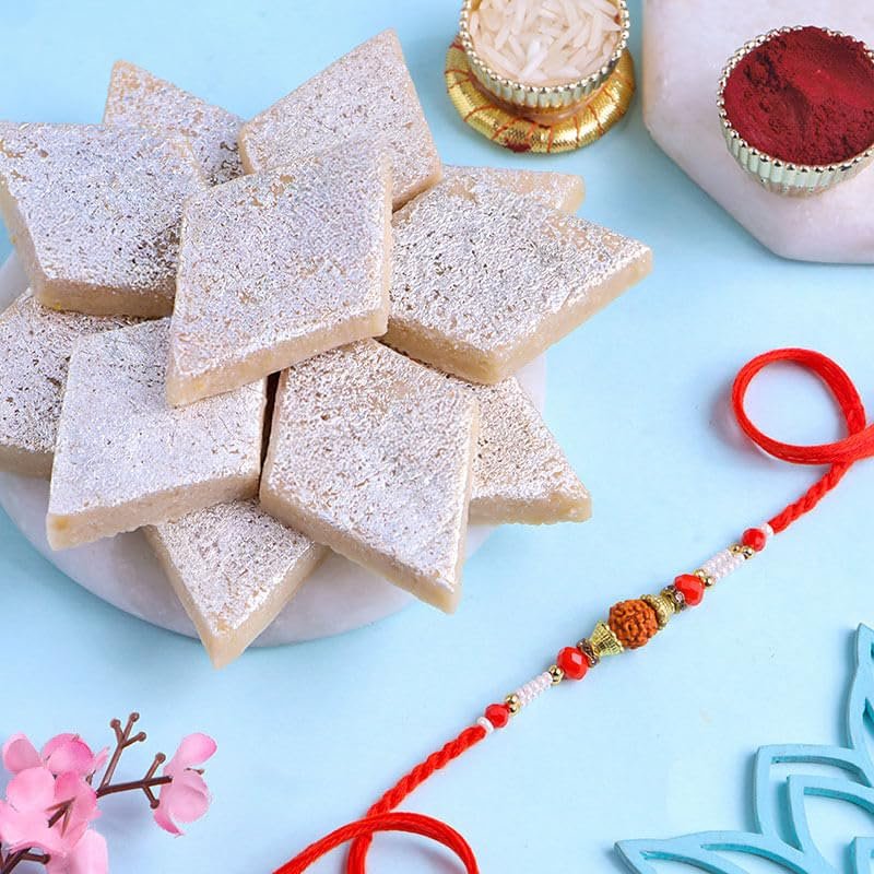FlowerAura Premium Rakhi For Brother Combo Include Single Rudraksh Rakhi With 200g Kaju Katli & Roli Chawal Set - Rakhi Gift For Brother, Bhai, Cousins, Kids (Same Day Delivery)