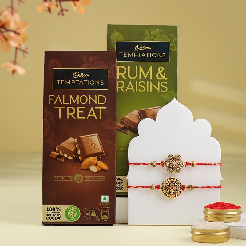 FlowerAura Premium Rakhi For Brother Combo Include Set of 2 Golden Motif Rakhi With Chocolate, Hazelnut Rocks & Roli Chawal Set - Rakhi Gift For Brother, Bhai, Cousins, Kids (Same Day Delivery)