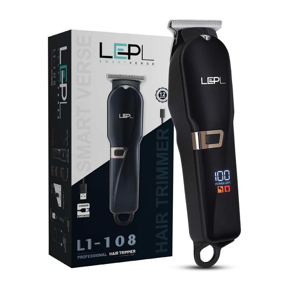 LEPL L1-108 Professional Beard Trimmer for Men - 90 Min Runtime, LED Display, Cordless USB Rechargeable, Stainless Steel Blades, 4 Adjustable Length Settings, Travel Friendly (Black)