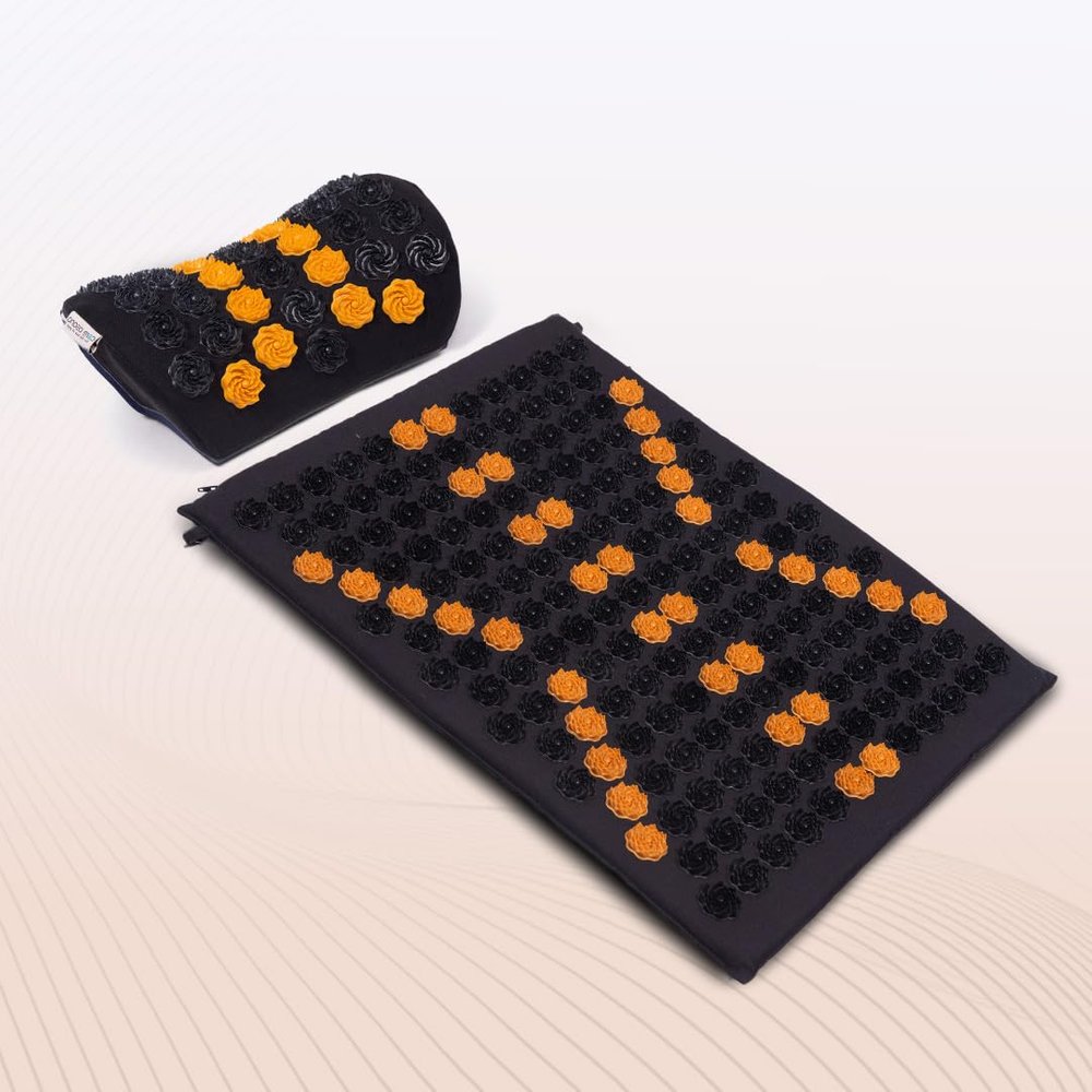 Core Asana Acupressure Mat Massager for Foot, Back, Neck and Joint Pain Relief, Reduce Stress & Tension with Pillow, Reflexology Accupressure Set (Black)