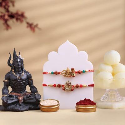 FlowerAura Premium Rakhi For Brother Combo Include Set of 2 Mahadev Blessing Rakhi With Lord Shiva Idol Showpiece, 500g Rasgulla & Roli Chawal Set - Rakhi Gift For Brother, Bhai, Cousins, Kids