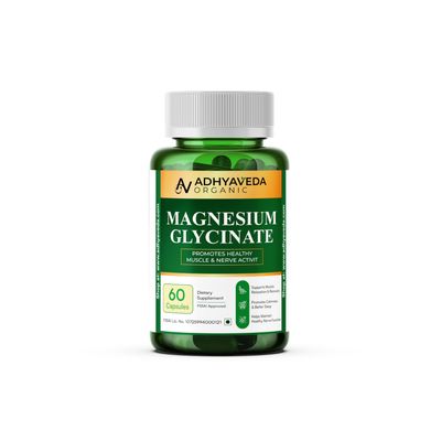 Adhyaveda Organic Magnesium Glycinate  550mg per Capsule (121mg Elemental Mg)  Supports Muscle Relaxation, Nerve Health & Better Sleep  60 Veg Capsules  FSSAI Approved