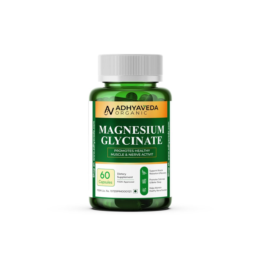 Adhyaveda Organic Magnesium Glycinate  550mg per Capsule (121mg Elemental Mg)  Supports Muscle Relaxation, Nerve Health & Better Sleep  60 Veg Capsules  FSSAI Approved