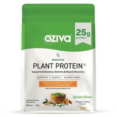 OZiva Bioactive Plant Protein (Malabar Vanilla) 1 kg | 25g Protein, 5.5 BCAA | Pea Isolate| Plant based Protein for Women & Men | Essential Amino Acids| Vegan Protein supplement, Clean, Sugar free