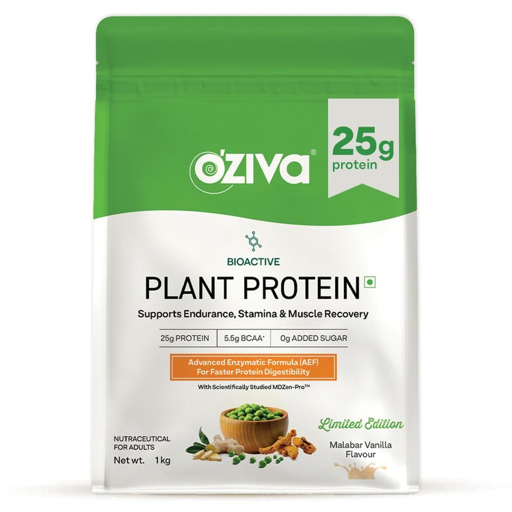 OZiva Bioactive Plant Protein (Malabar Vanilla) 1 kg | 25g Protein, 5.5 BCAA | Pea Isolate| Plant based Protein for Women & Men | Essential Amino Acids| Vegan Protein supplement, Clean, Sugar free
