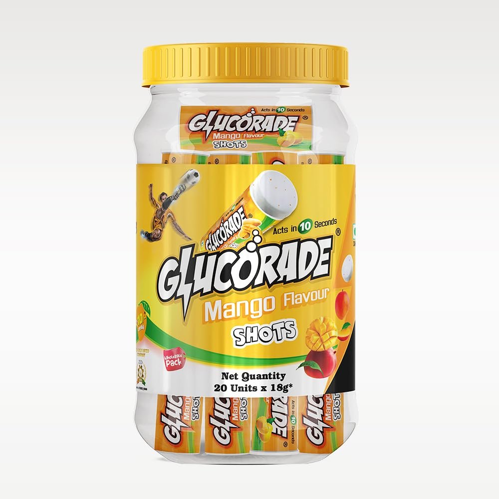 Glucorade Shots Glucose Energy Tablets | Mango Flavour | Jar pack of 20 Tubes | Glucose Chewable Tablets