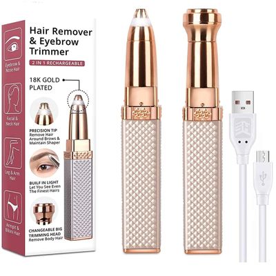 2-in-1 Eyebrow Trimmer & Facial Hair Remover for Women | Rechargeable Epilator with Built-in Ring Light | Face, Upper Lips, Chin, Nose, and Cheeks Hair Removal Tool (Gold)