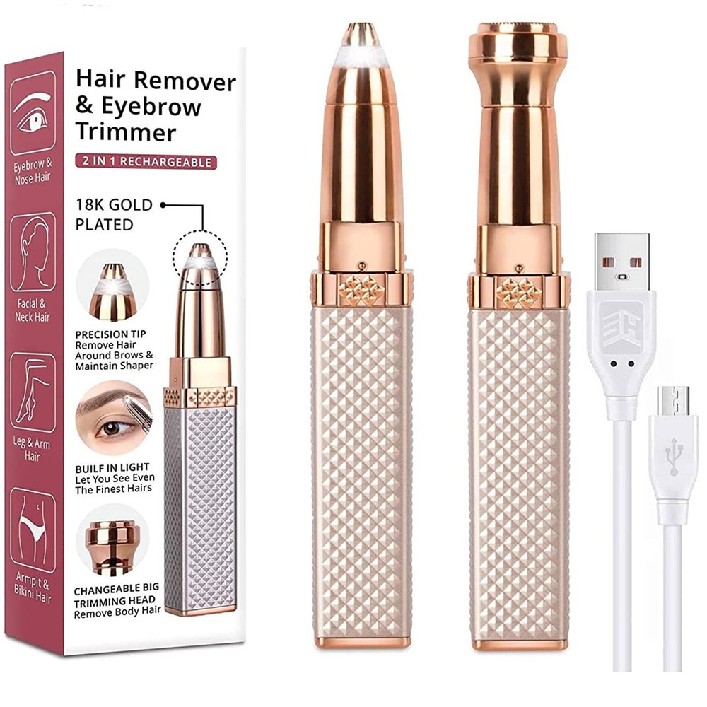 2-in-1 Eyebrow Trimmer & Facial Hair Remover for Women | Rechargeable Epilator with Built-in Ring Light | Face, Upper Lips, Chin, Nose, and Cheeks Hair Removal Tool (Gold)