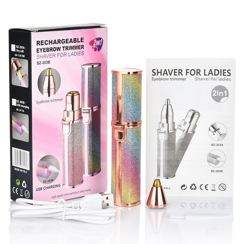 2-in-1 Eyebrow Trimmer & Facial Hair Remover for Women | Rechargeable Epilator with Built-in Ring Light | Face, Upper Lips, Chin, Nose, and Cheeks Hair Removal Tool (rainbow)