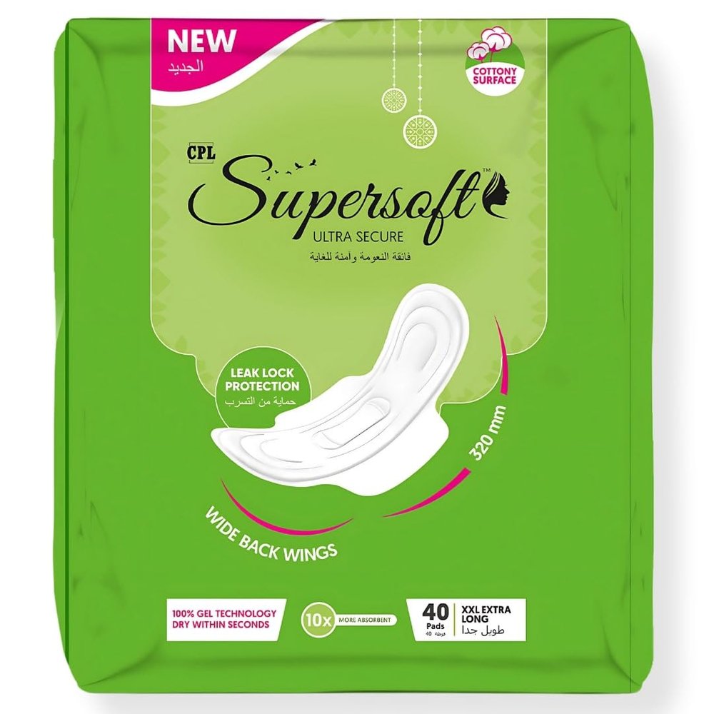 CPL Supersoft Ultra Secure XXL Sanitary Pads 320mm Extra Long, Cottony Soft, Leak Lock, Gel Lock Absorption & Wide Back Wings for Heavy Flow Days | Pack of 1 | 40 Pads