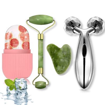 3D Manual Roller Face Body Massager with Face Stone Massager with ice roller Silicone Facial Cube, ice cube massager, Jade Roller and 3D Massager Set Facial Combo