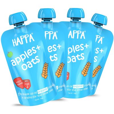 Happa Organic Baby Food Apple and Oats Puree | 100% Fruits and Oats | No Added Sugar, No Milk Powder, No Preservatives | Stage 2 (6 Months+) | Ready to Eat | Free from Common Allergens | Pack of 4 (100g Each)
