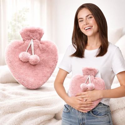 CLOUDTAB Heart Shape Hot Water Bottle with Plush Cover & Pom-Poms 1000ml Heat Therapy for Period Cramps, Neck, Back & Shoulder Pain, Hot & Cold Compress for Pain Relief, Swelling & Muscle Recovery