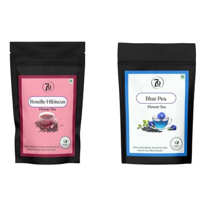 79 Degree Combo Pack of 2 - Blue Pea Flowers and Roselle Hibiscus Tea |100g x 2| Caffeine Free Herbal Tea Rich in Vit-C & Anti-oxidants I Skin Glow I Eye & Brain Health