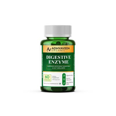 Adhyaveda Digestive Enzyme Capsules with Papain, Bromelain, Amylase, Protease, Lactase & Cellulase | Gut Health, Bloating & Indigestion Relief | 60 Veg Capsules | NonGMO, Vegan, FSSAI Approved