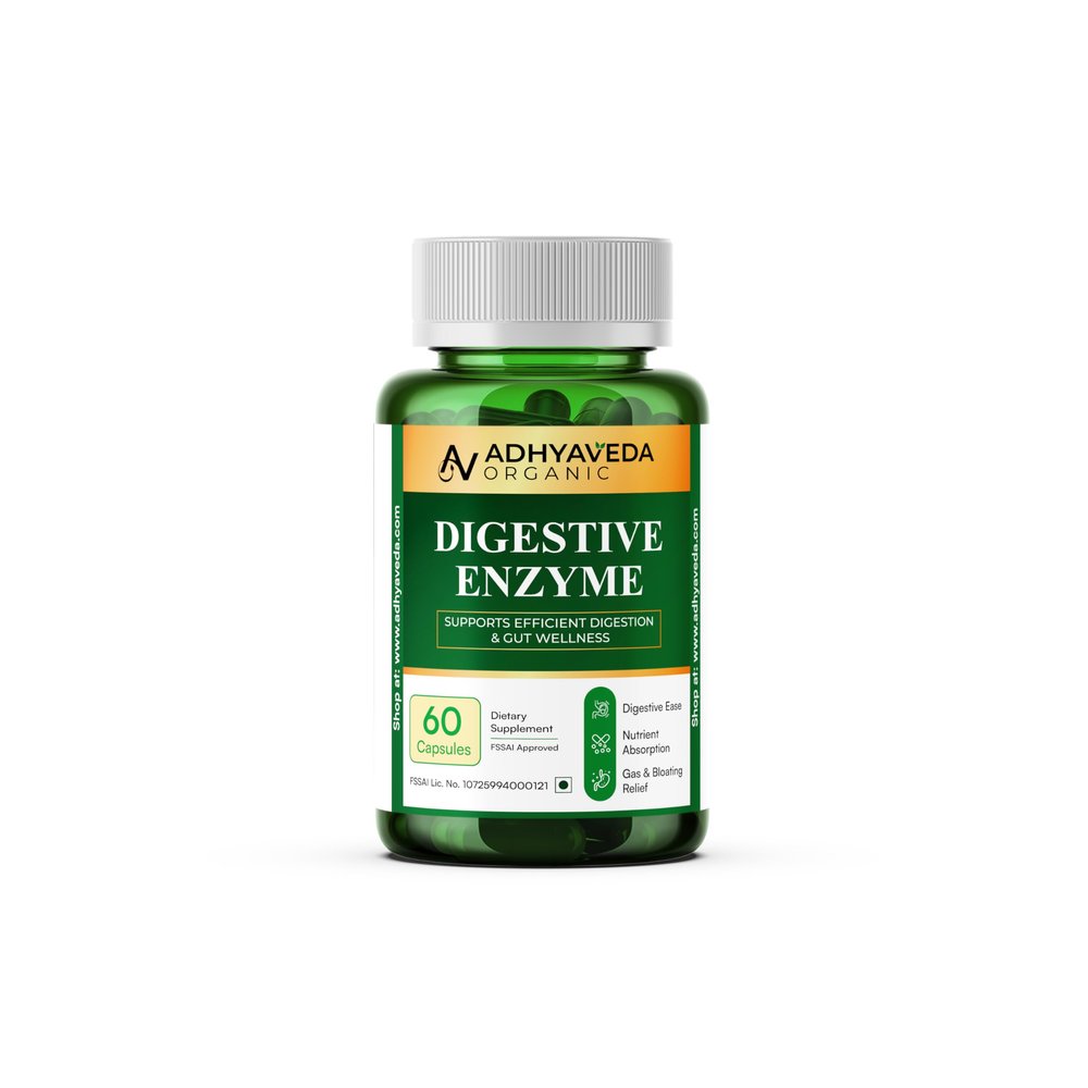 Adhyaveda Digestive Enzyme Capsules with Papain, Bromelain, Amylase, Protease, Lactase & Cellulase | Gut Health, Bloating & Indigestion Relief | 60 Veg Capsules | NonGMO, Vegan, FSSAI Approved