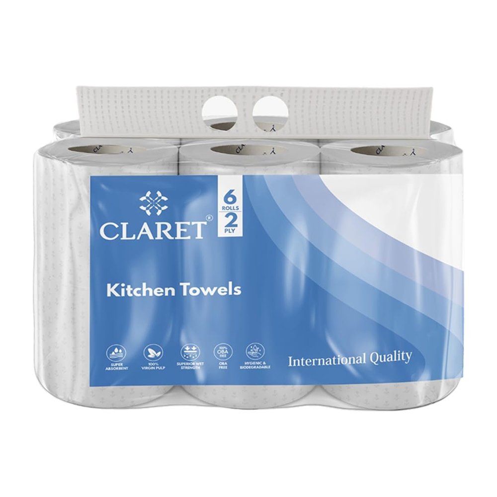 Claret 6 in 1 Kitchen Towels | 2-Ply | Each Roll 60 Pulls | 100% Virgin Pulp | Super Absorbent & Biodegradable | Strong & OBA-Free Tissue Rolls for Cleaning & Kitchen Use (Pack Of 1 (6 Rolls))