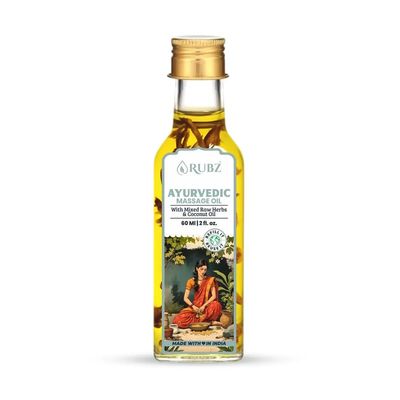 Rubz Ayurvedic Body Massage Oil - 60ml | Herbal Body Massage Oil for Full Body Relax | Natural Spa Therapy for Men & Women | Infused Herbs, Travel Size