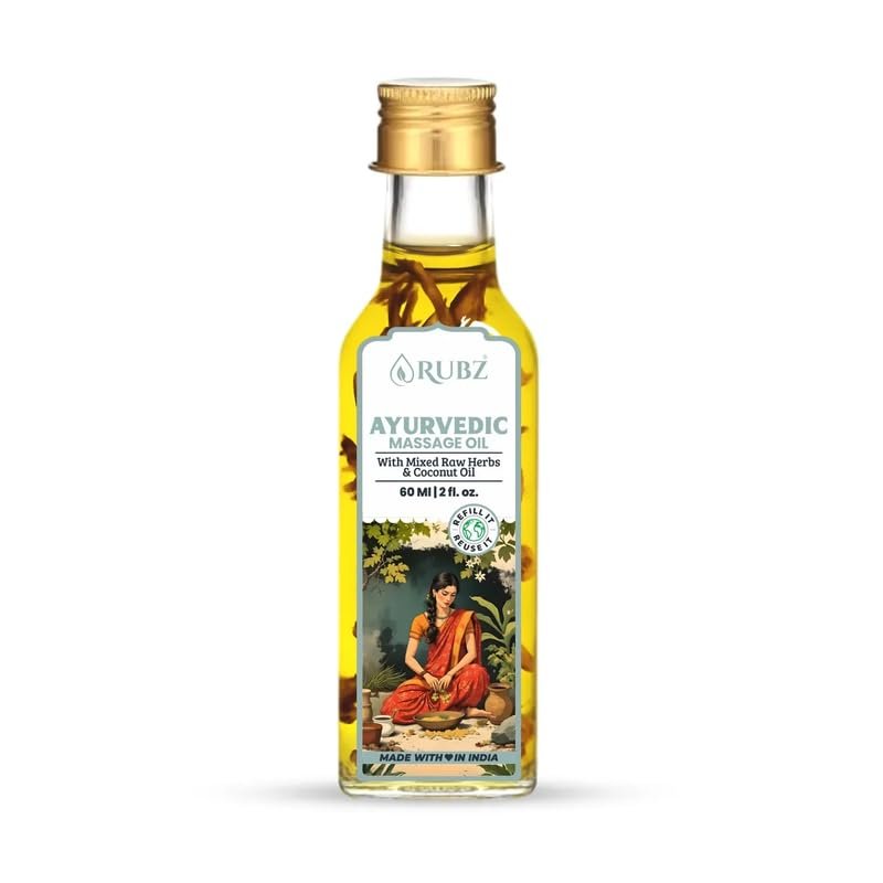 Rubz Ayurvedic Body Massage Oil - 60ml | Herbal Body Massage Oil for Full Body Relax | Natural Spa Therapy for Men & Women | Infused Herbs, Travel Size