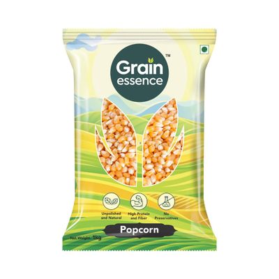 Grain Essence Popcorn Kernels | Raw Corn for Fresh Homemade Popcorn | Natural Maize Seeds | Crunchy Snack for Movie Nights | Air Popped or Stovetop Cooking | Low Calorie Whole Grain Snack (1 Kg)