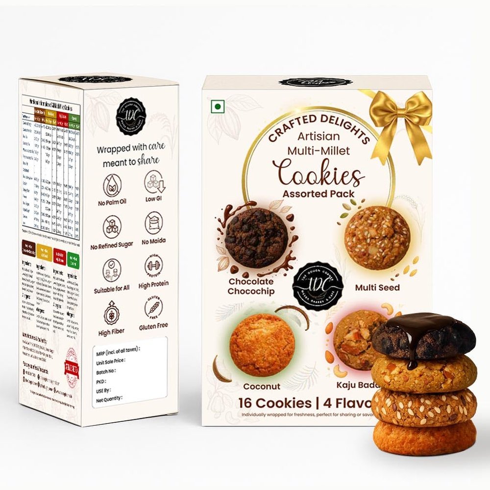 THE DOUGH CORNER Assorted Multi Millet Cookies Gift Box | 4 Nutritious Flavours - Kaju Badam, Coconut, Choco Chip & Multi Seed | No Maida, No Sugar | Jaggery Sweetened | Guilt-Free Snack 16 pcs