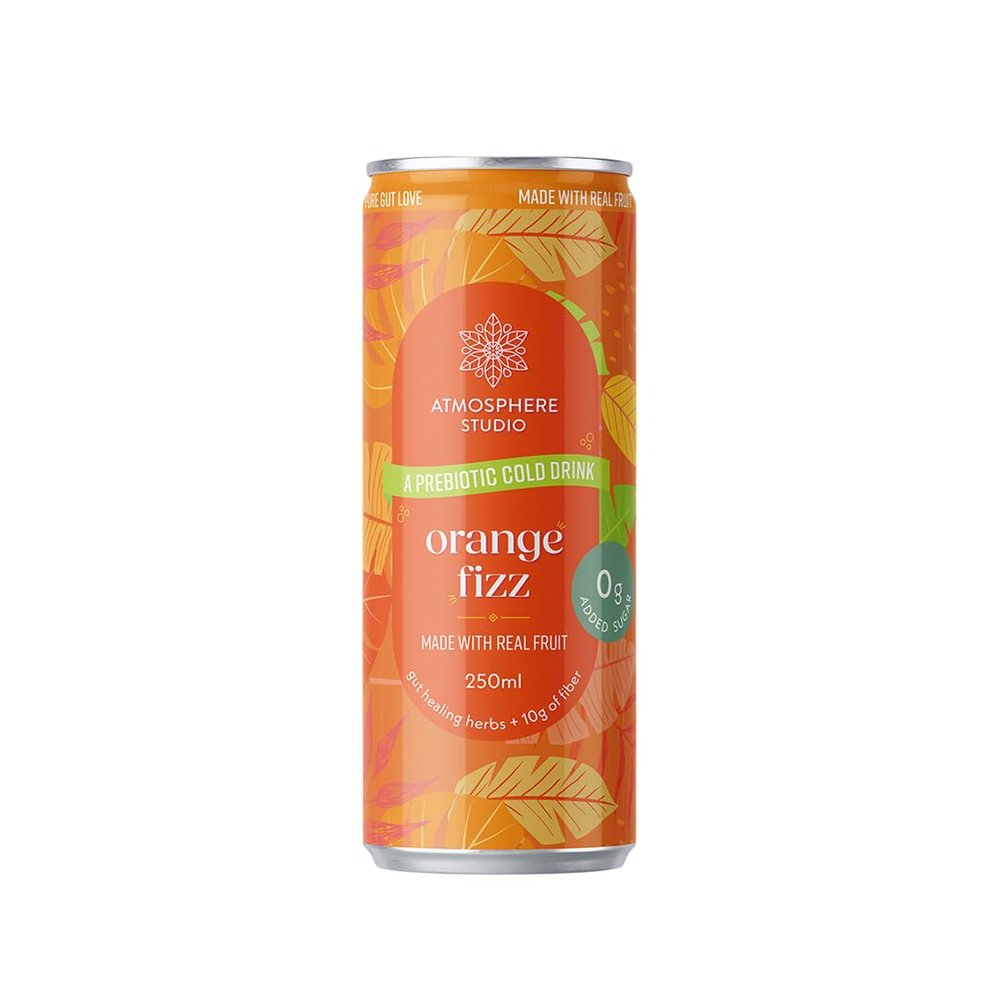 Atmosphere Studio Prebiotic Soda, Orange Fizz (250ml), Zero Sugar, Electrolytes, Zero Artificial Sweeteners, Refreshing Soft drink with Fizz, No Artificial Colours, Low Calorie, Pack of 12