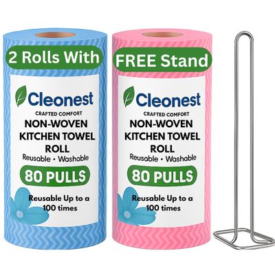 Cleonest Non-Woven Reusable Kitchen Towels with FREE Holder | 2 Rolls x 80 Sheets | Washable Absorbent Wipes | Eco-Friendly Paper Towel Alternative for Kitchen & Home Cleaning