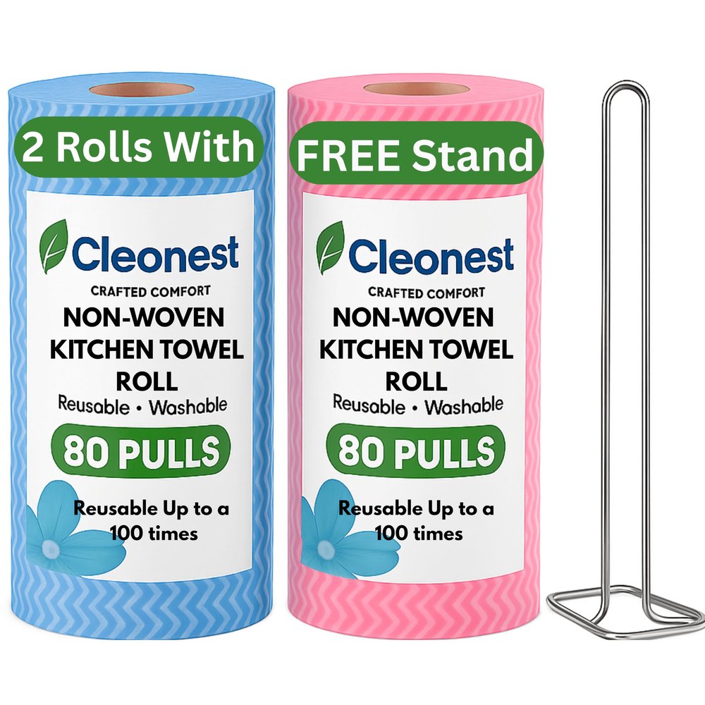 Cleonest Non-Woven Reusable Kitchen Towels with FREE Holder | 2 Rolls x 80 Sheets | Washable Absorbent Wipes | Eco-Friendly Paper Towel Alternative for Kitchen & Home Cleaning