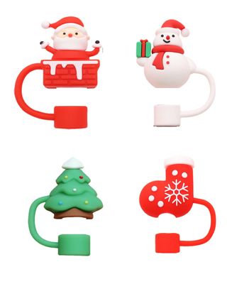 4 PCS Straw Cover Set, Christmas-Themed Cup Accessories, Santa Tree Stocking Snowman Designs, Fits 10mm Straws, Festive Drink Decorations for Holiday Parties