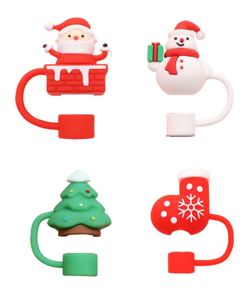 4 PCS Straw Cover Set, Christmas-Themed Cup Accessories, Santa Tree Stocking Snowman Designs, Fits 10mm Straws, Festive Drink Decorations for Holiday Parties