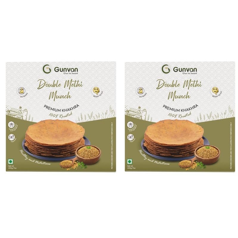 Gunvan Double Methi Munch Khakra  Light, Crispy & Spiced Snack | Roasted Indian Snack | Ideal for Tea-Time & Anytime Munching, 200 g, Pack of 2