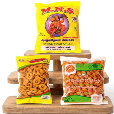M.N.S Anjaneyar Vilas - Pack of 3 Snacks Combo - Kadalai Mittai, Andhra Murukku, Spicy Seedai (700 GM)