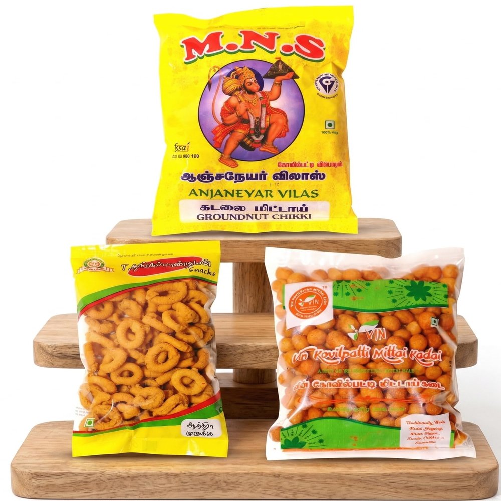 M.N.S Anjaneyar Vilas - Pack of 3 Snacks Combo - Kadalai Mittai, Andhra Murukku, Spicy Seedai (700 GM)