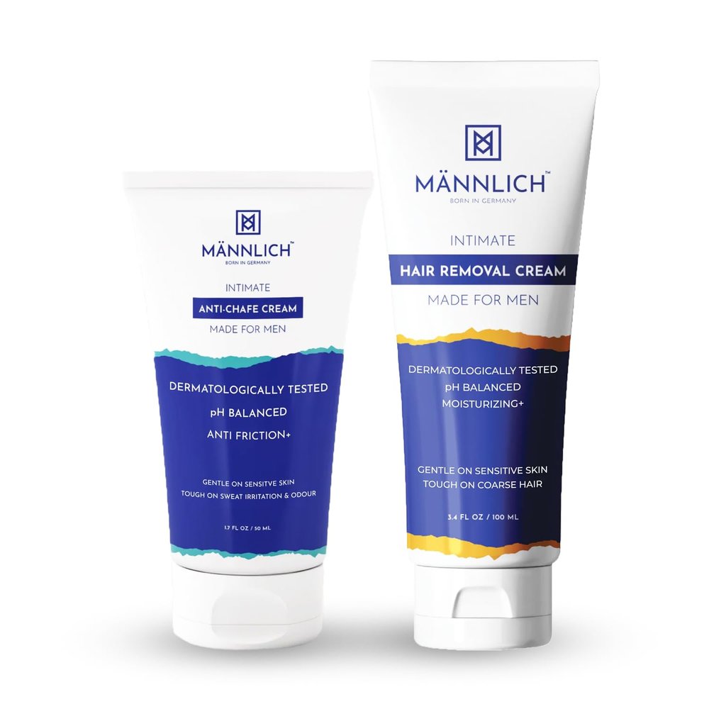 Mannlich Anti Chafing Cream for Men, Anti-Rash Cream for Intimate Areas, Reduces Inner Thigh Rashes from Sports and Fitness Activities (50 ml) & Intimate/Private Hair Removal (100 ml) pH Balanced, Dermatologically Tested