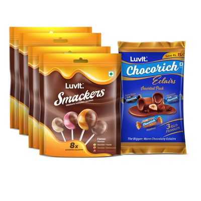 LuvIt. Smackers Chocolate and Assorted Eclairs | Combo Pack of 5 | Chocolate Flavored Lollipops & 3 Flavored Eclairs (5 x 172.8 g)
