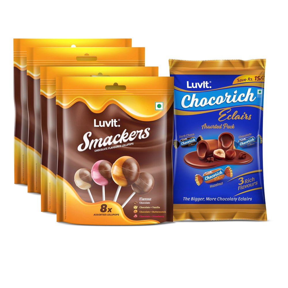 LuvIt. Smackers Chocolate and Assorted Eclairs | Combo Pack of 5 | Chocolate Flavored Lollipops & 3 Flavored Eclairs (5 x 172.8 g)