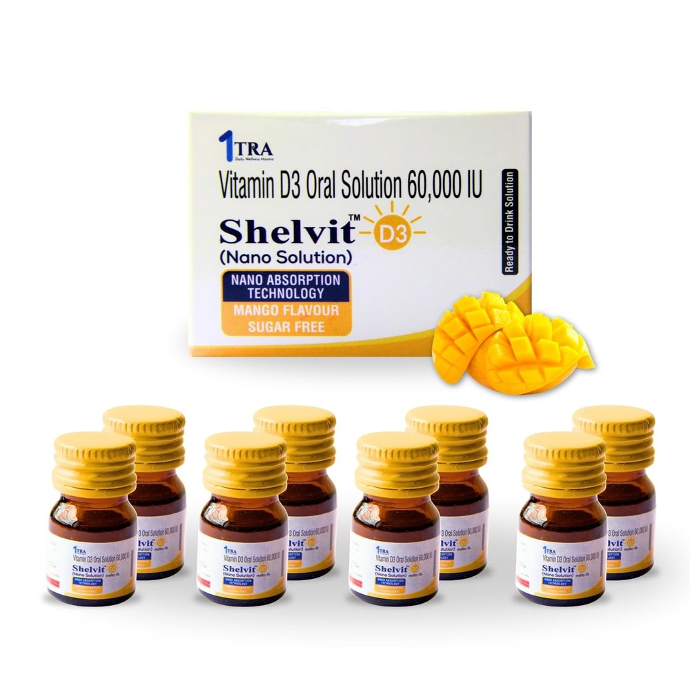 1TRA Vitamin D3 Nano Shots 60,000 IU | Cholecalciferol Vitamin D3 Oil 60000 Iu Sugar Free Mango Flavoured Nano Shots | Weekly Supplement | Bone, Immunity & Energy Support | 8 Shots (2 packs of 4 shots) | 5ml of each shot