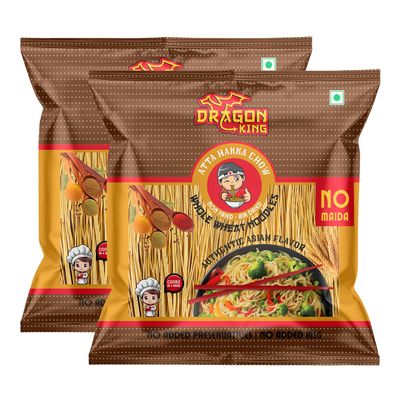 Dragon King 100% Atta Whole Wheat Hakka Noodles | No Maida | 100% Whole Wheat | Non Fried, Air Dried | No Palm Oil | No MSG | Serves 8-10 Meals, 700g (Pack of 2)