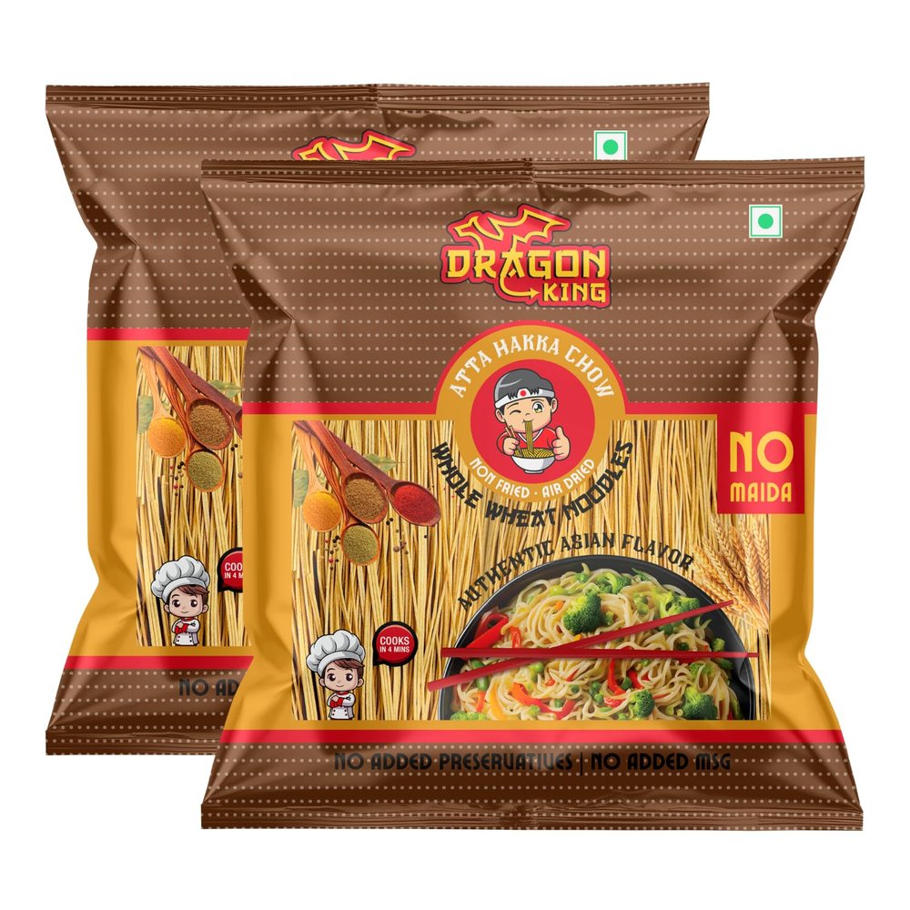 Dragon King 100% Atta Whole Wheat Hakka Noodles | No Maida | 100% Whole Wheat | Non Fried, Air Dried | No Palm Oil | No MSG | Serves 8-10 Meals, 700g (Pack of 2)