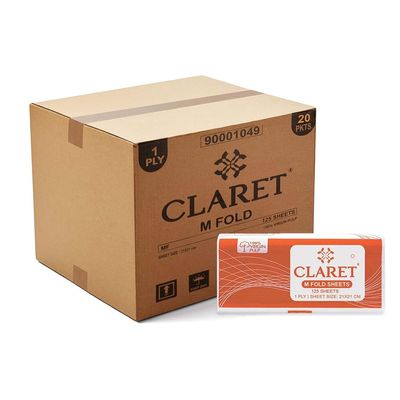Claret Multi-Fold Paper Tissue | 1 Ply | 125 Sheets | 21x21 cm | Soft & Absorbent | 100% Virgin Pulp | Orange Pack | Skin-Friendly & Durable | Ideal for Dispensers & Daily Use (Pack Of 20)