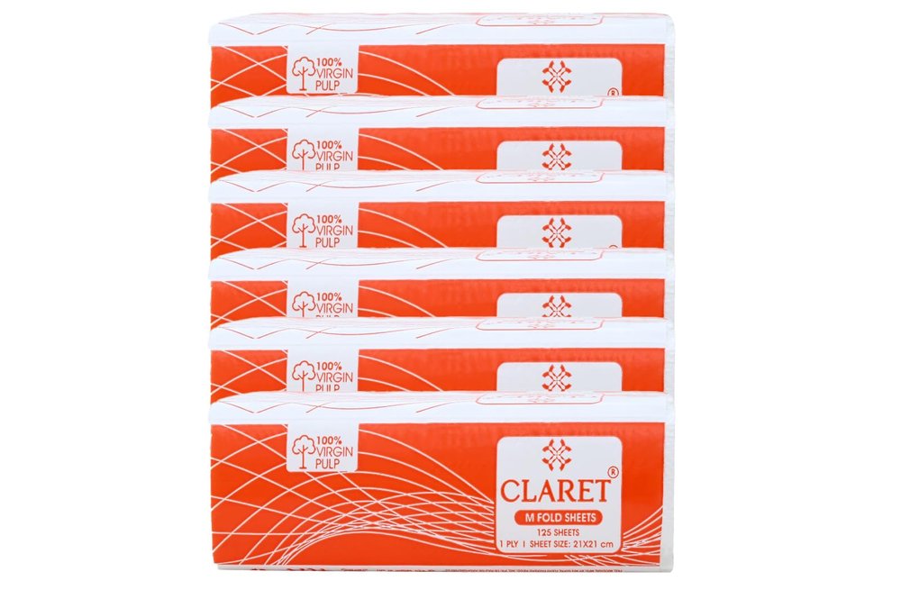 Claret Multi-Fold Paper Tissue | 1 Ply | 125 Sheets | 21x21 cm | Soft & Absorbent | 100% Virgin Pulp | Orange Pack | Skin-Friendly & Durable | Ideal for Dispensers & Daily Use (Pack Of 6)