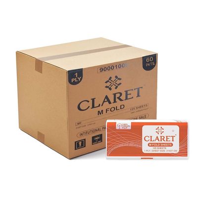 Claret Multi-Fold Paper Tissue | 1 Ply | 125 Sheets | 21x21 cm | Soft & Absorbent | 100% Virgin Pulp | Orange Pack | Skin-Friendly & Durable | Ideal for Dispensers & Daily Use (Pack Of 60)