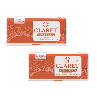 Claret Multi-Fold Paper Tissue | 1 Ply | 125 Sheets | 21x21 cm | Soft & Absorbent | 100% Virgin Pulp | Orange Pack | Skin-Friendly & Durable | Ideal for Dispensers & Daily Use (Pack Of 2)