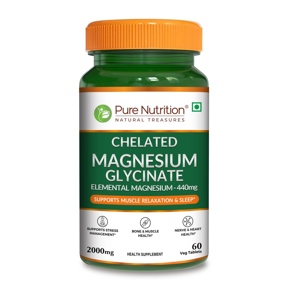Pure Nutrition Chelated Magnesium Glycinate 2000mg Supplement - 60 Tablets | High Absorption for Sleep, Cramps, Nerves Health, Relaxation, Bone & Joint Health | Elemental Magnesium 440mg